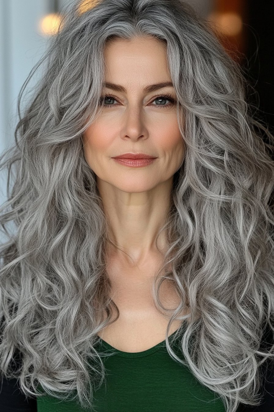 A radiant woman over 50 with long, layered gray curls. The cascading layers enhance volume, movement, and natural elegance.