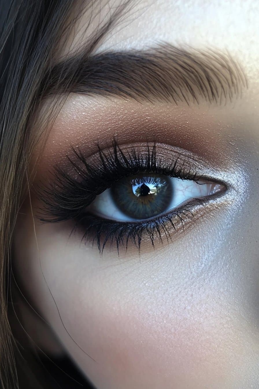 A close-up of a woman's eye with a matte brown smoky eye. Deep brown hues are blended seamlessly across the lid and into the crease, creating a sultry, soft grunge effect.