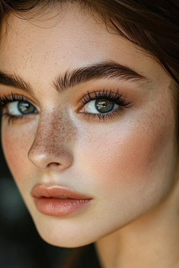 A close-up of a downturned eye with a matte brown sophisticated eye makeup look. Rich, velvety brown tones softly define the crease and lid, with a subtly smudged eyeliner for a polished appearance.