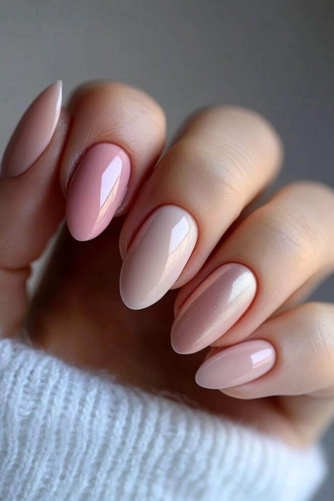 Soft almond-shaped nails with pastel shades and a smooth matte finish, adding a modern twist to the gentle color palette.