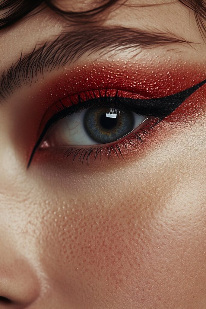 A full face makeup look showcasing a bold matte red eye, paired with sharp black liner for an editorial style