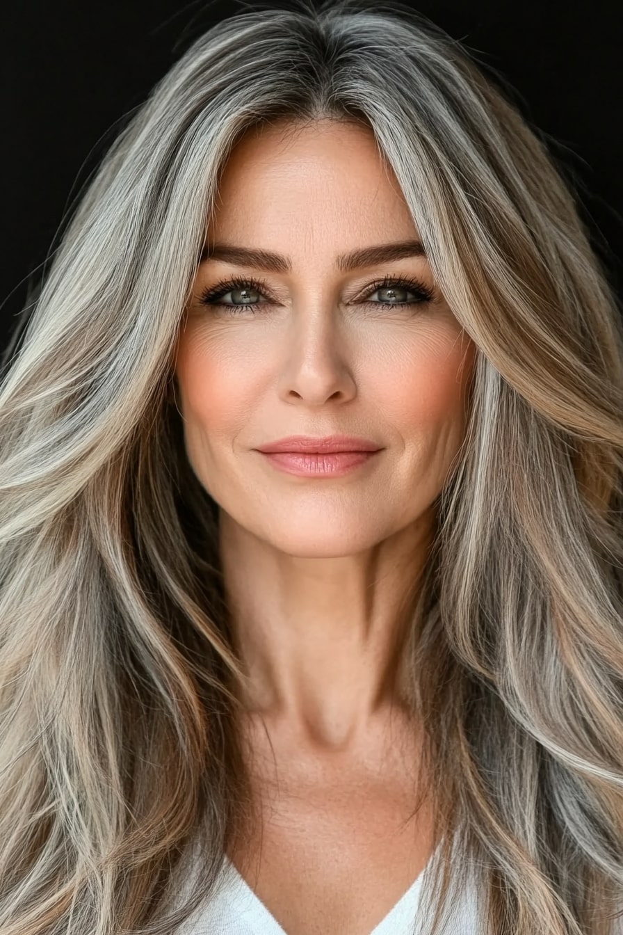 Medium highlighted layered hairstyles for women over 50 with thin hair