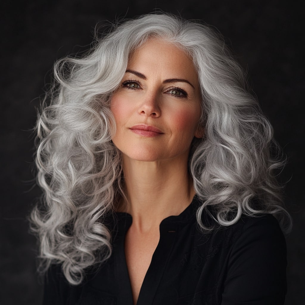 A graceful woman over 50 with medium-length gray ringlets. The structured, bouncy curls add timeless charm and femininity