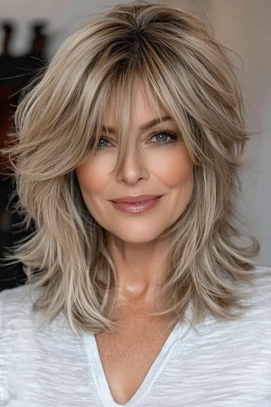 Medium shaggy layered hairstyles for women over 50 with thin hair