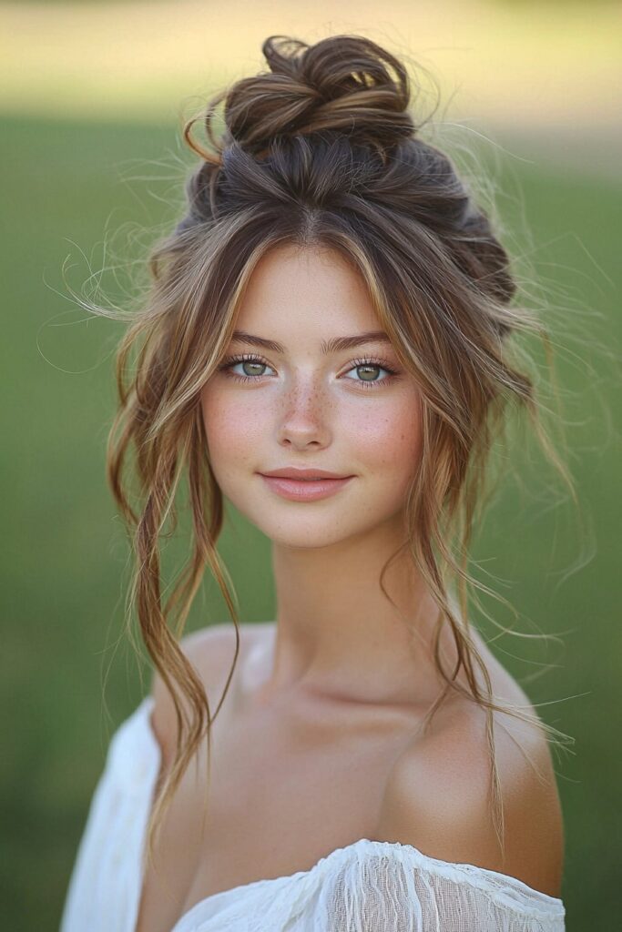 A young woman with a Messy Boho Bun half-up, half-down hairstyle. Soft, undone waves flow down as a loose, textured bun sits effortlessly on top, capturing a chic and carefree prom style. The outdoor grass background enhances the bohemian and natural ambiance.