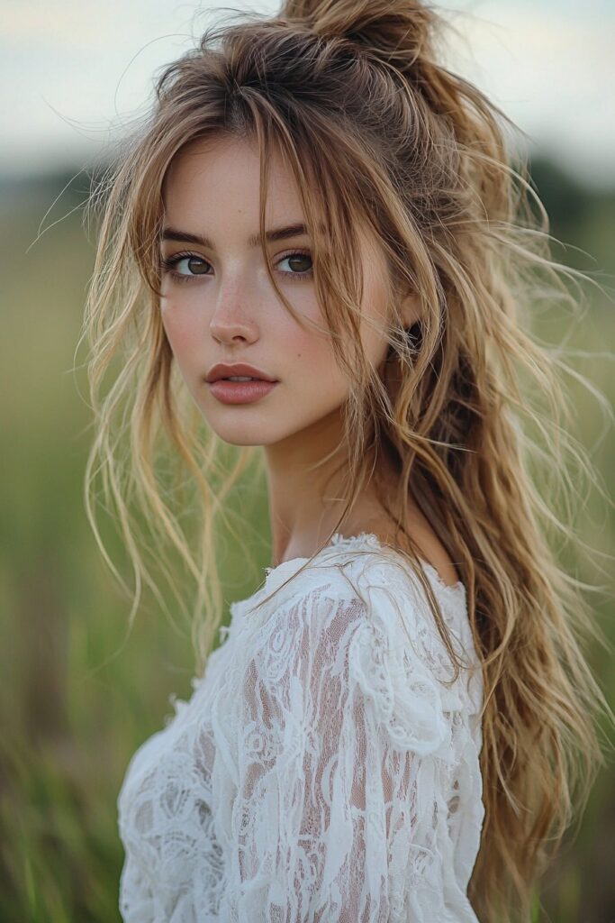 Young woman showcasing a messy boho high ponytail with tousled waves and loose strands. The relaxed and stylish hairstyle is complemented by an outdoor grass background.