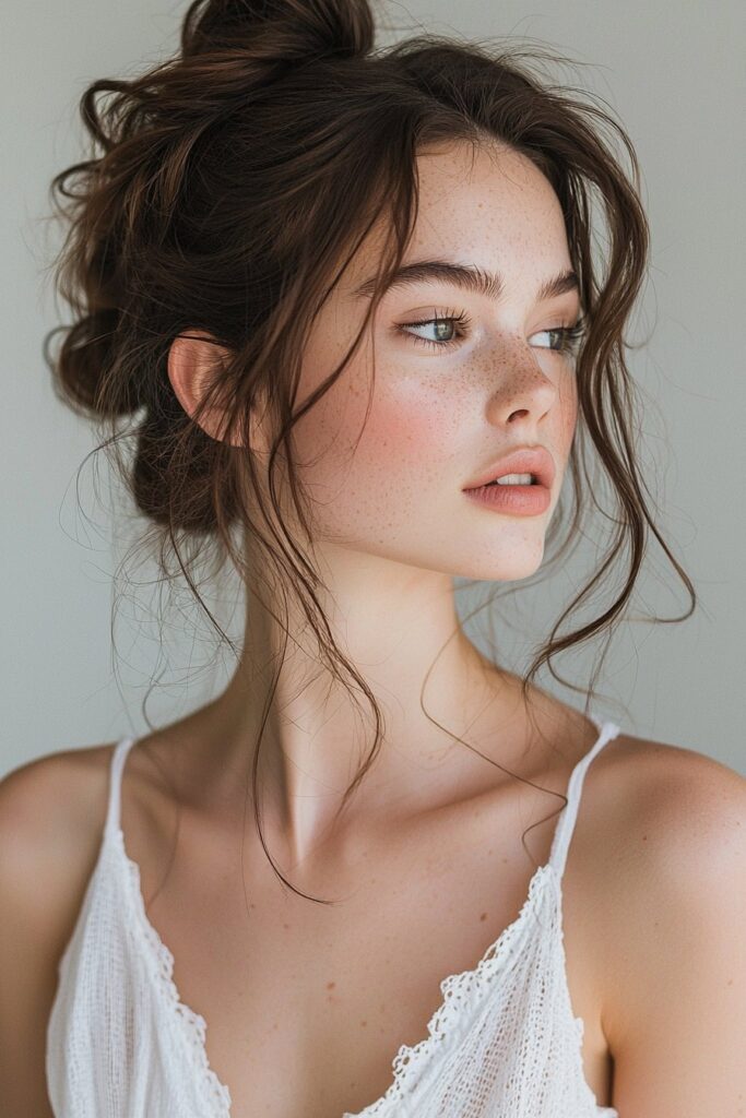 A young woman with a Messy Top Knot hairstyle for prom. The image captures the hairstyle from a front side angle, set in a trendy loft setting for a chic vibe.