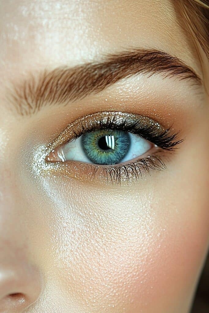 A close-up of a downturned eye with a metallic foil eye makeup look. Intense, reflective metallic pigments create a high-shine finish, giving dimension to the eyes