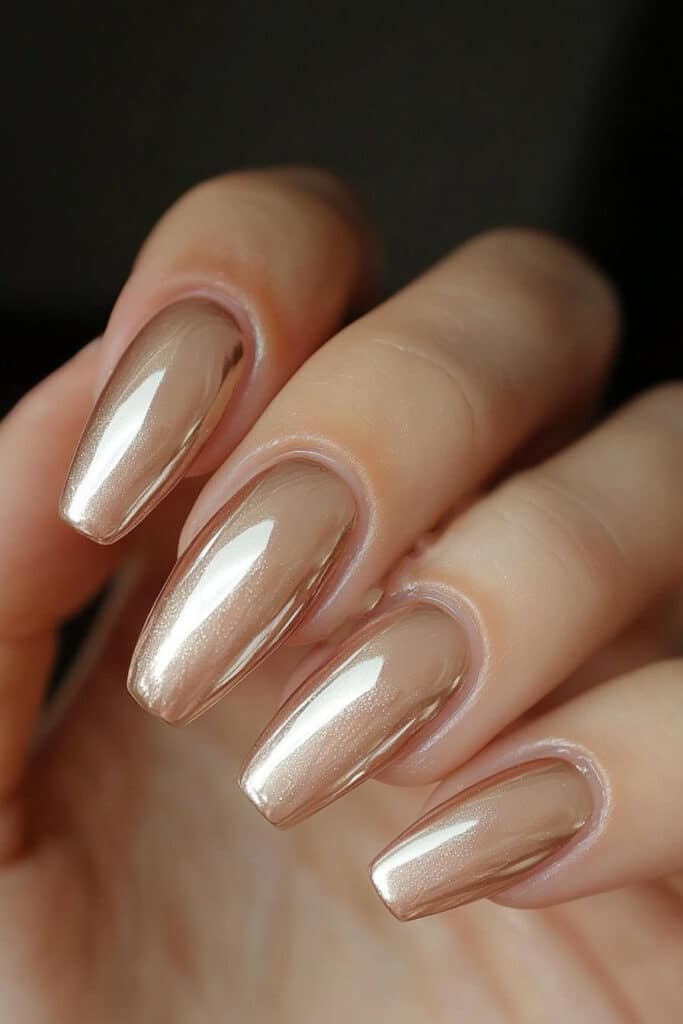 A sleek summer nail design featuring metallic French tips on long acrylic nails. The reflective metal finish adds a luxurious twist to the classic French manicure