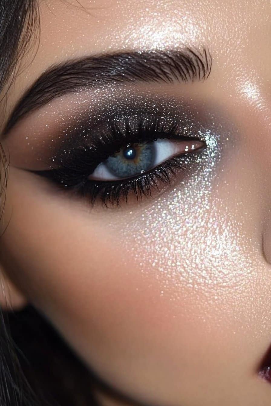 A close-up of a woman's eye with a metallic grey smokey eye. Shimmering gunmetal eyeshadow blends into deep black at the outer corners for a bold, moody effect.