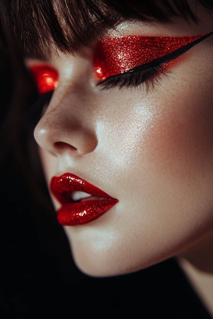 A full face makeup look with a metallic red foil eye, offering a vibrant, reflective finish paired with a sleek black winged liner