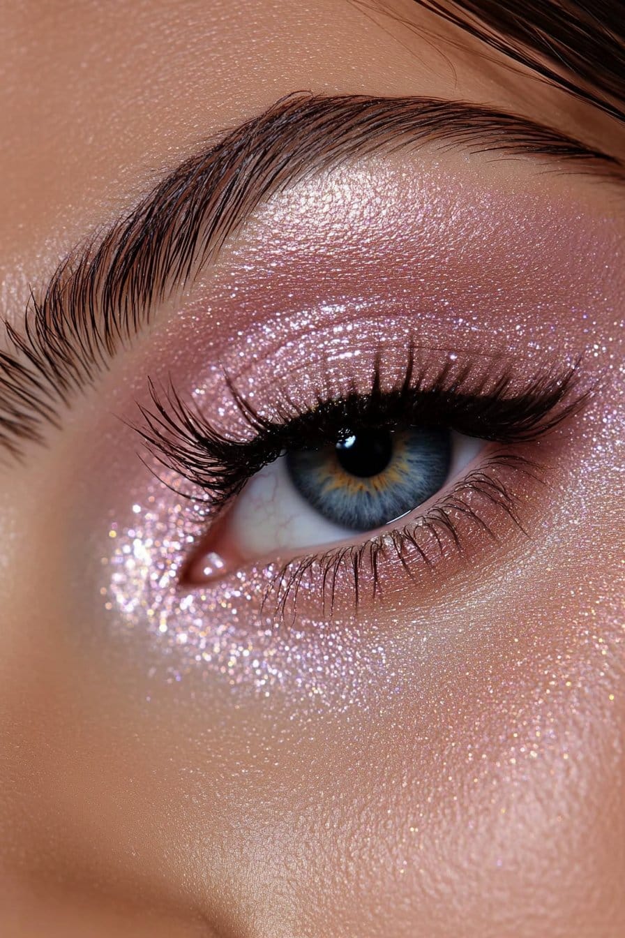 A close-up of a woman's eye with a floating glitter crease. A thin line of sparkling glitter traces just above the natural crease, creating a modern, artistic look.