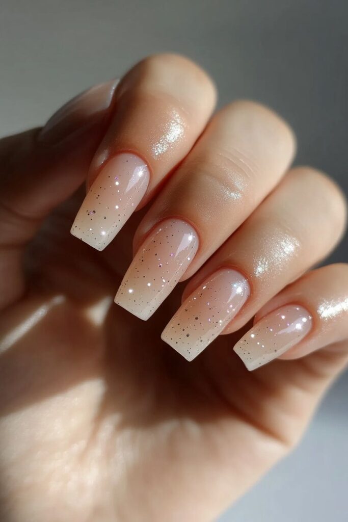 Minimalist almond-shaped nails with a clear or light base featuring tiny micro dot patterns for a chic, subtle effect.