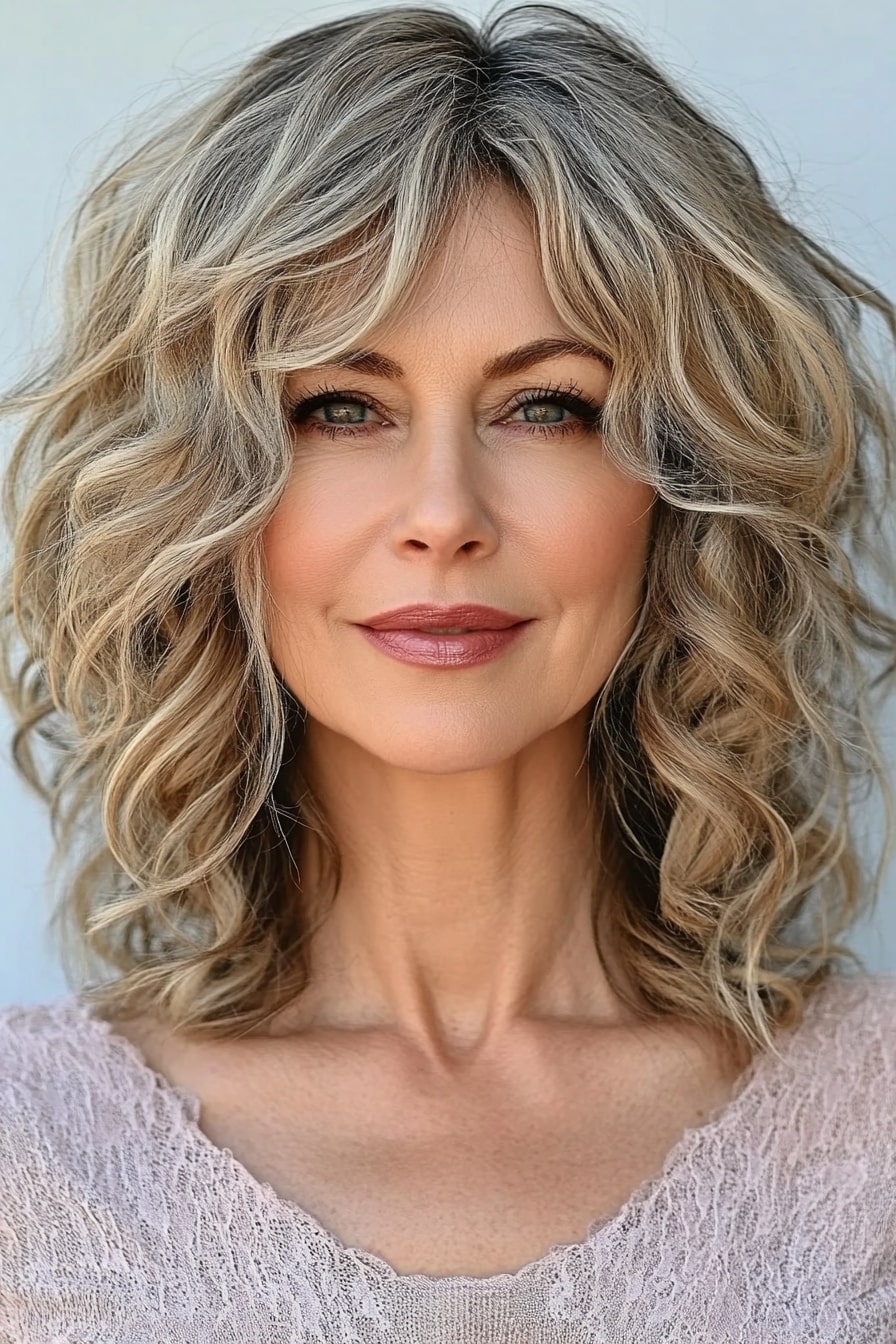 Mid-length curly layered hairstyles for women over 50 with thin hair