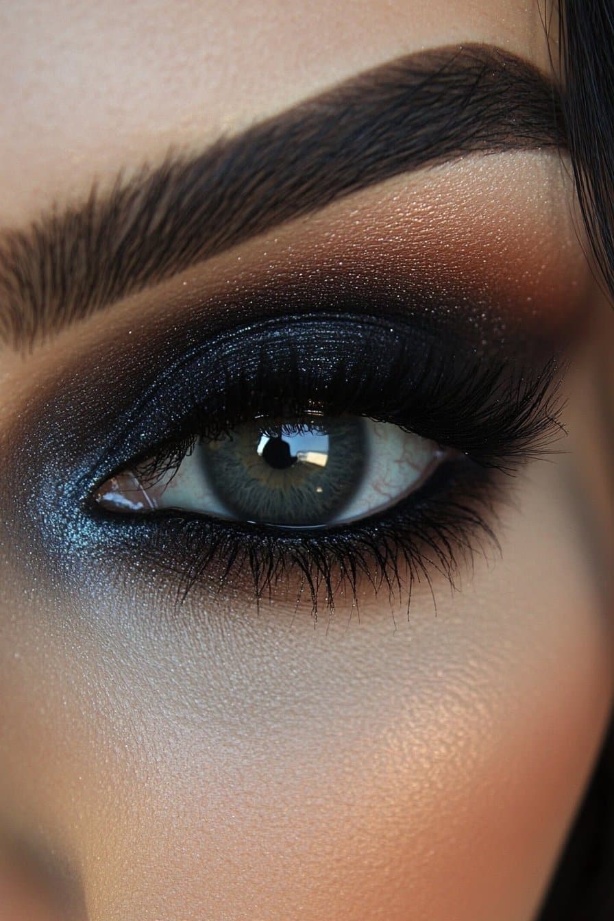 A close-up of a woman's eye featuring deep navy and black blended together for a sultry, moody grunge eye look with a softly smudged lower lash line.