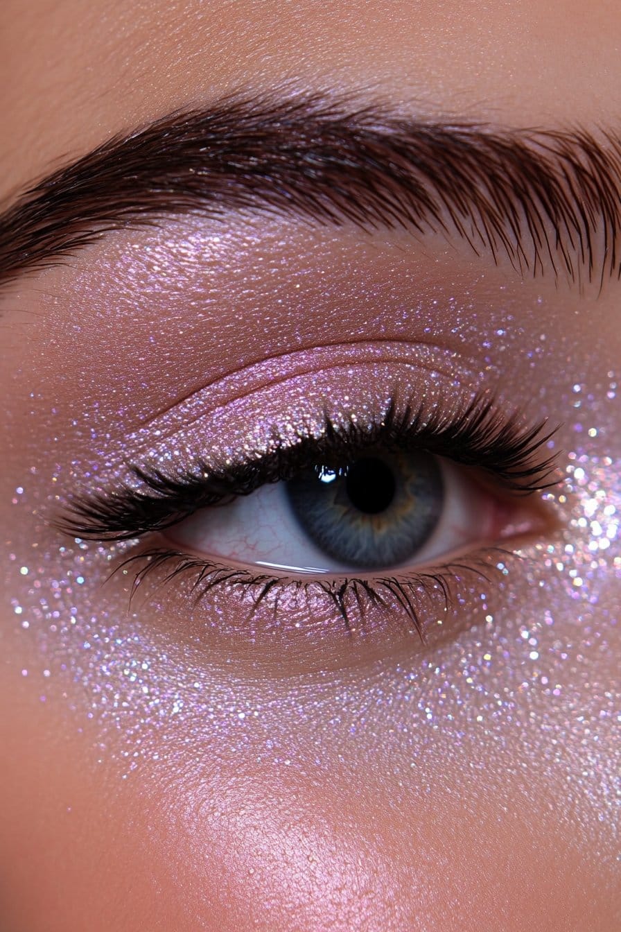 A close-up of a woman's eye featuring tiny silver or gold glitter dots delicately placed on the eyelid, creating a modern, minimalist sparkle.