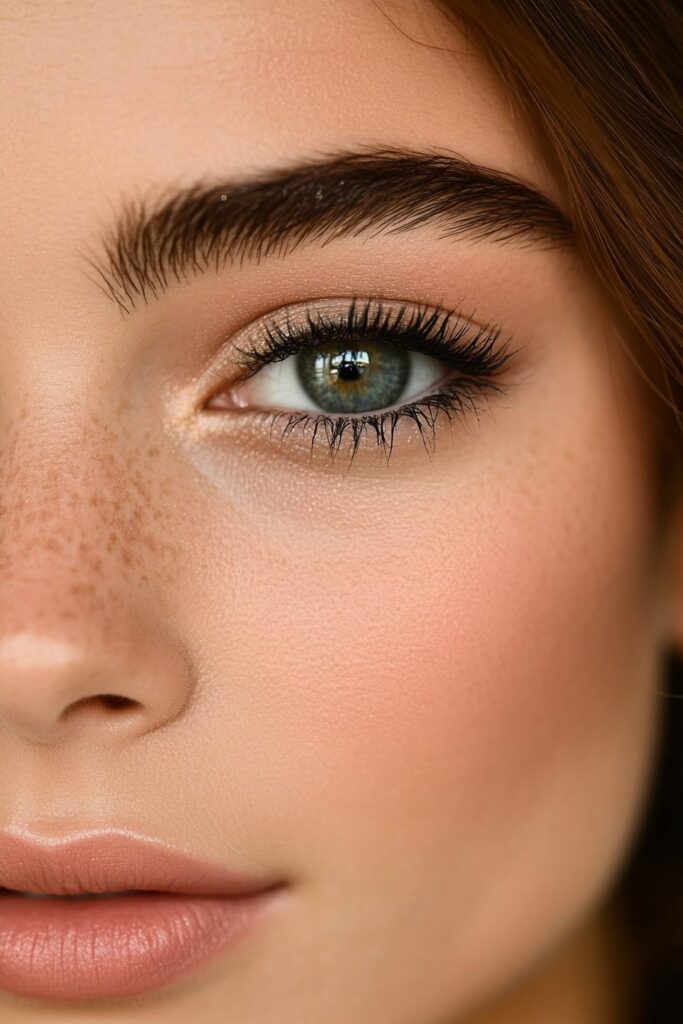 A close-up of a downturned eye with a minimalist French girl-inspired eye makeup look. Soft taupe or brown shadow defines the crease, with a delicate liner that subtly lifts the outer corners.