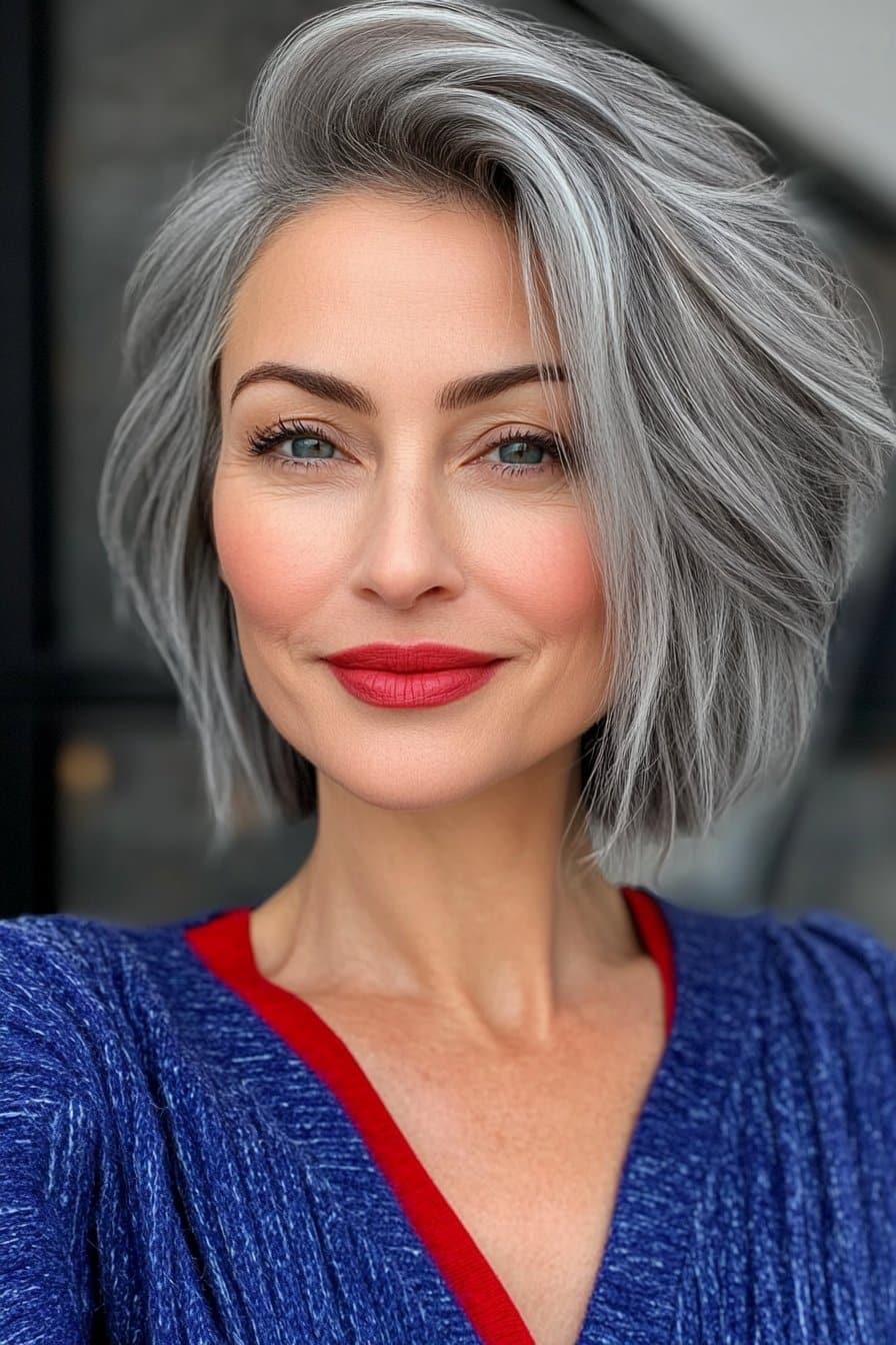 Modern asymmetrical short hairstyle for grey hair over 50