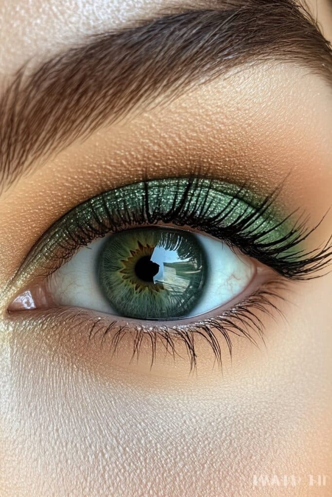 An artistic close-up of an eye with various shades of green, from mint to deep forest. The monochromatic look blends effortlessly across the lid and lower lash line.