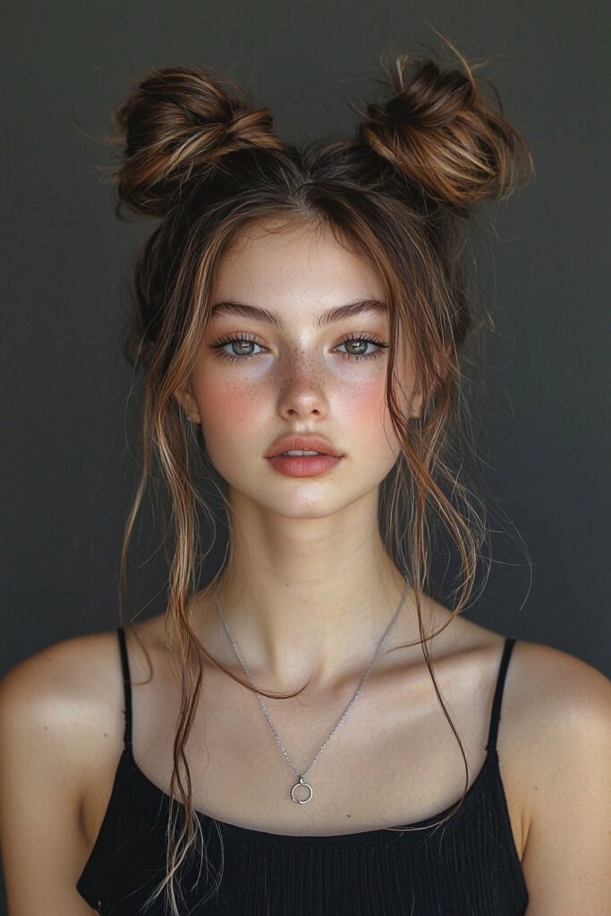 A young woman with a Modern Space Buns half-up, half-down hairstyle. Two chic and playful buns sit atop her head, with sleek strands left flowing for a trendy prom look. The salon background emphasizes a fashionable and creative environment.