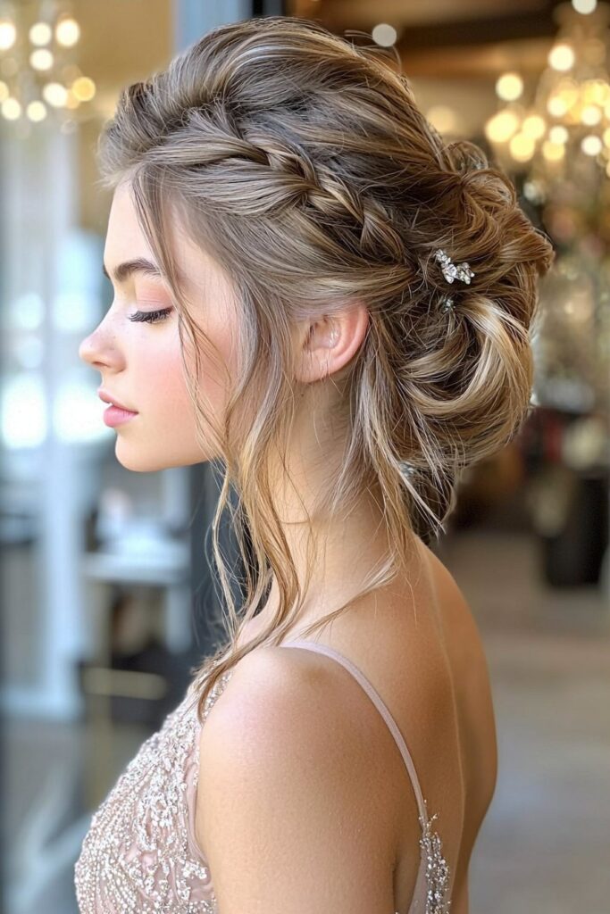 A young woman with a modern twisted updo for prom. The hairstyle features intricate twists and loops, giving a contemporary and stylish look. She is at a luxurious event hall with soft, elegant lighting.