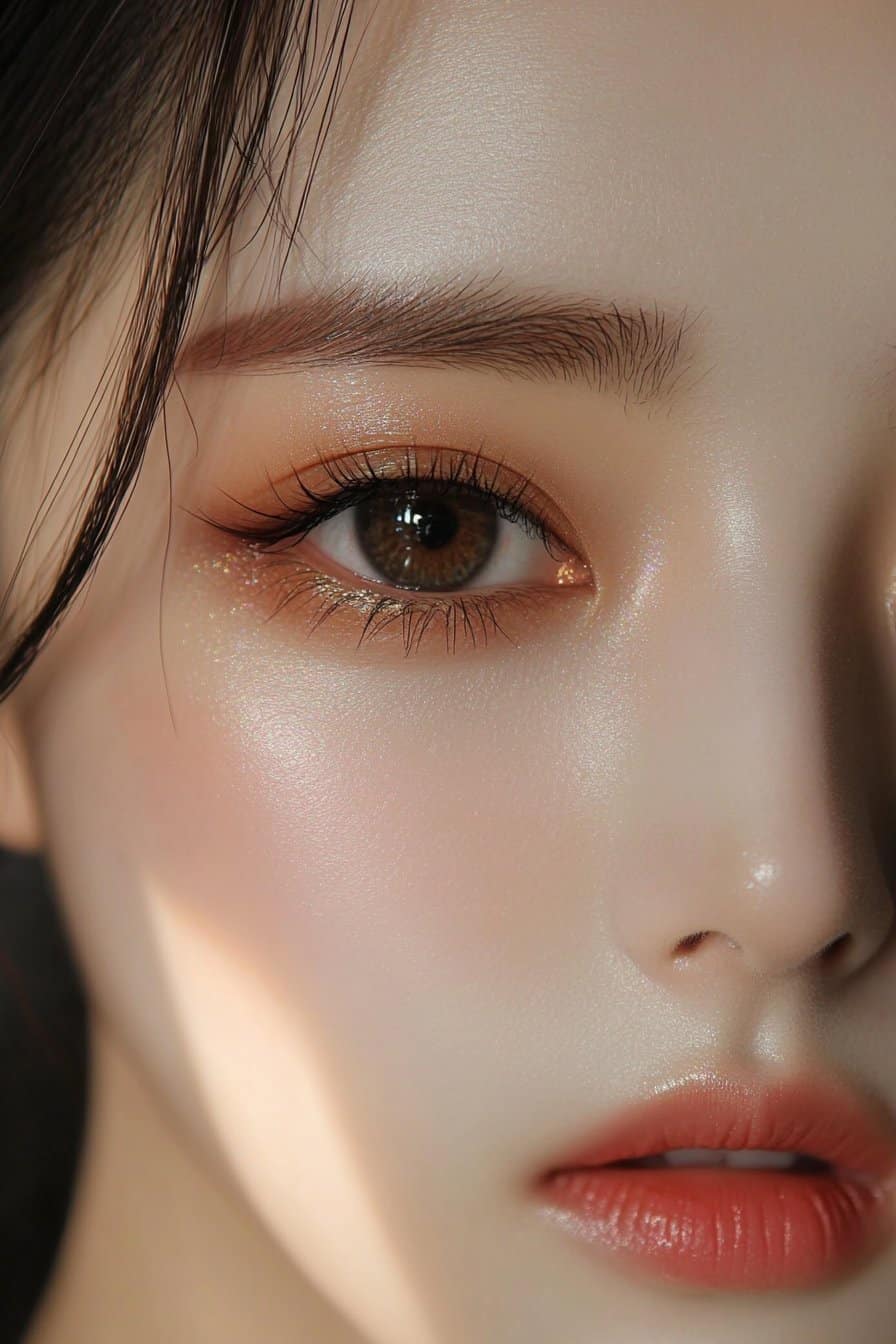 A close-up of a woman's eye with monolid-friendly makeup, using softly blended matte and shimmer shades with thin, subtly extended eyeliner.