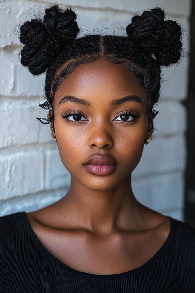 A young Black woman with a Natural Hair Bantu Knot Updo against a white brick wall background. The perfectly shaped Bantu knots are arranged symmetrically, presenting a bold and cultural prom hairstyle.