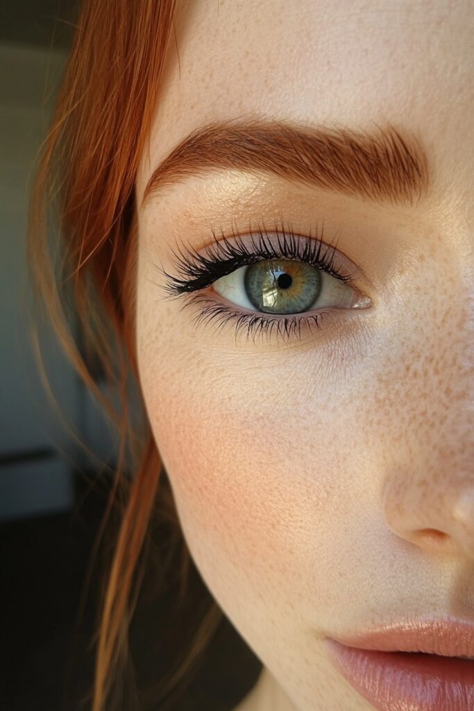 A close-up of a downturned eye with a negative space liner makeup look. A bold, floating eyeliner design leaves sections of the lid bare, creating an artistic appearance.