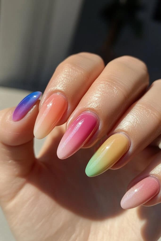 A bold nail design with a neon aura effect, showcasing vibrant neon shades blending seamlessly to create a glowing halo effect for an electrifying summer vibe.