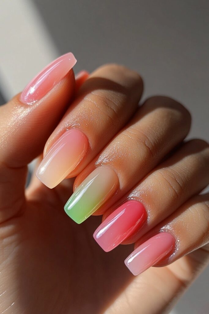 A dazzling nail design with a neon crystal glazed effect, showcasing a high-shine, reflective surface with intense neon hues for a vibrant summer look.