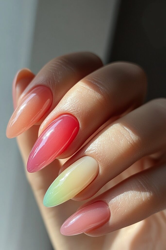 A vibrant nail design with a neon jelly finish, delivering a translucent and glossy effect with luminous neon shades for a playful summer appeal.