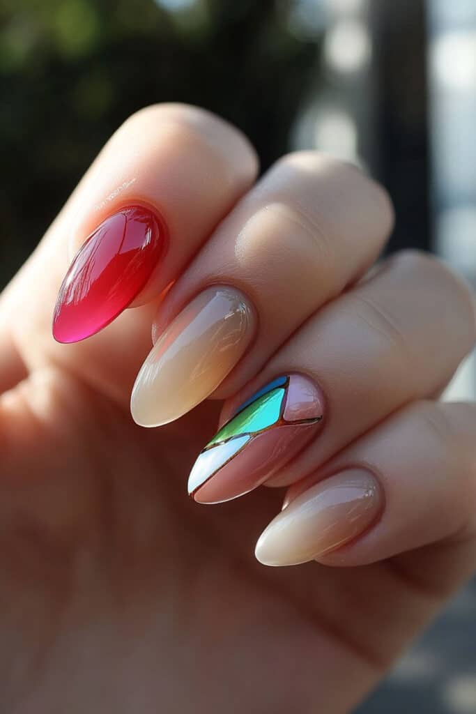 A creative nail design with a neon stained glass effect, incorporating bold neon shades into intricate, outlined sections for an artistic masterpiece.