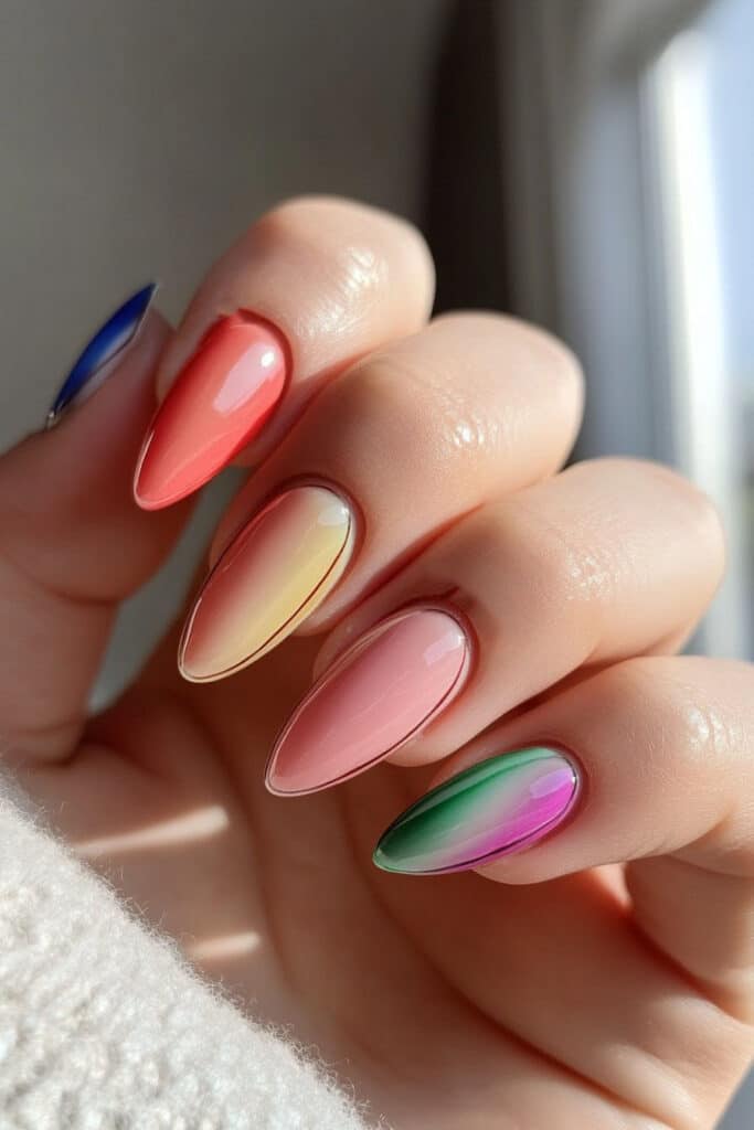 Almond-shaped nails featuring abstract neon swirls in pink, green, yellow, and blue, embodying fun and vibrant summer vibes.