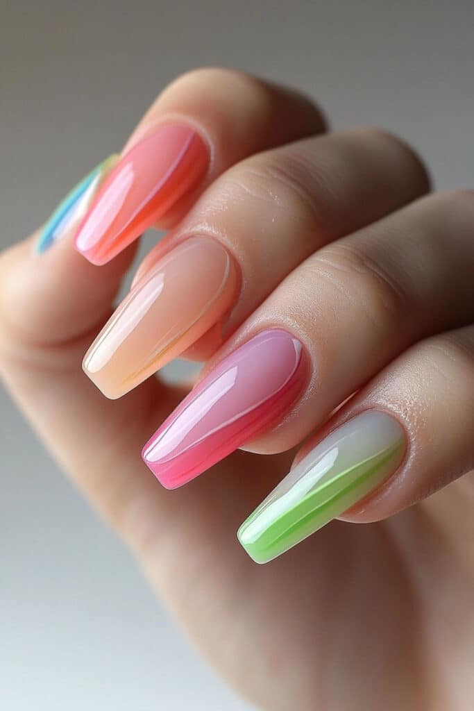 A vibrant summer nail design with neon swirl patterns on long acrylic nails. The bold, fluid neon lines create a dynamic and trendy look, perfect for summer