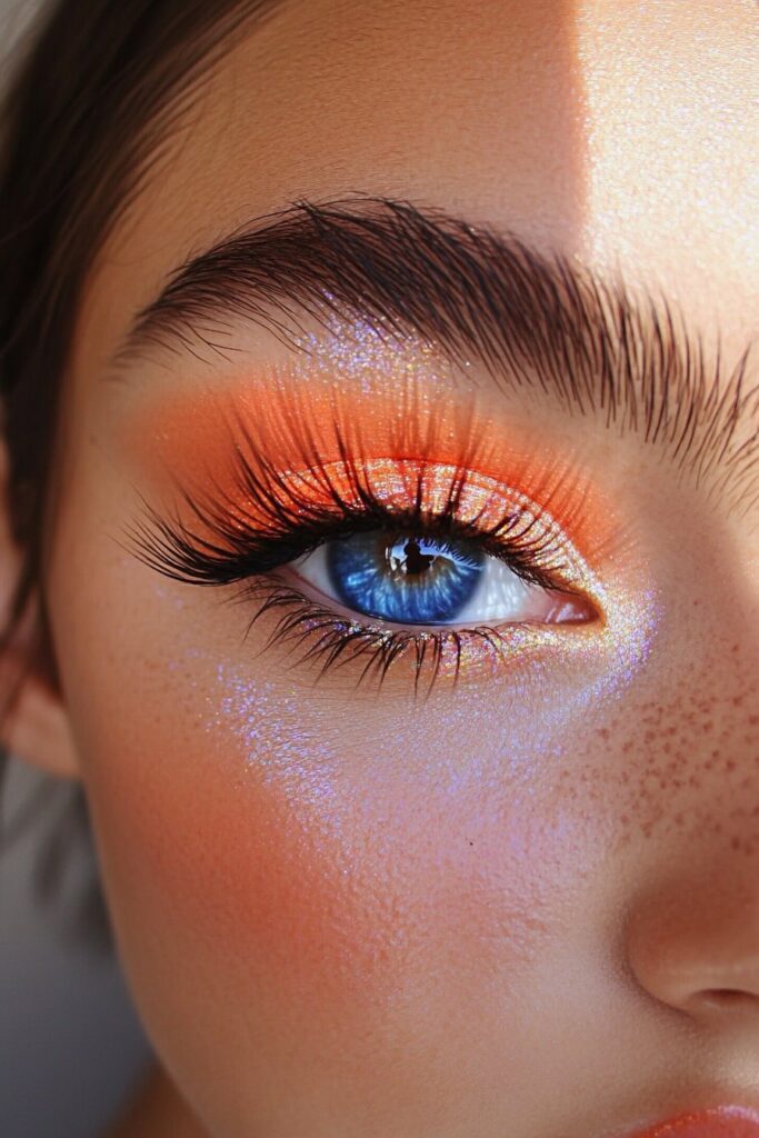 A close-up of a downturned eye with a pastel dream eye makeup look. Soft pastel shades like lavender, baby blue, and peach blend together effortlessly.