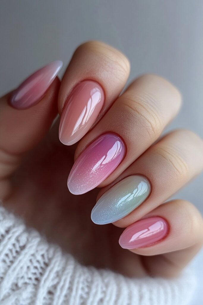 Almond-shaped nails painted in a soft pastel rainbow effect, with each nail showcasing a different gentle shade for a vibrant summer feel.