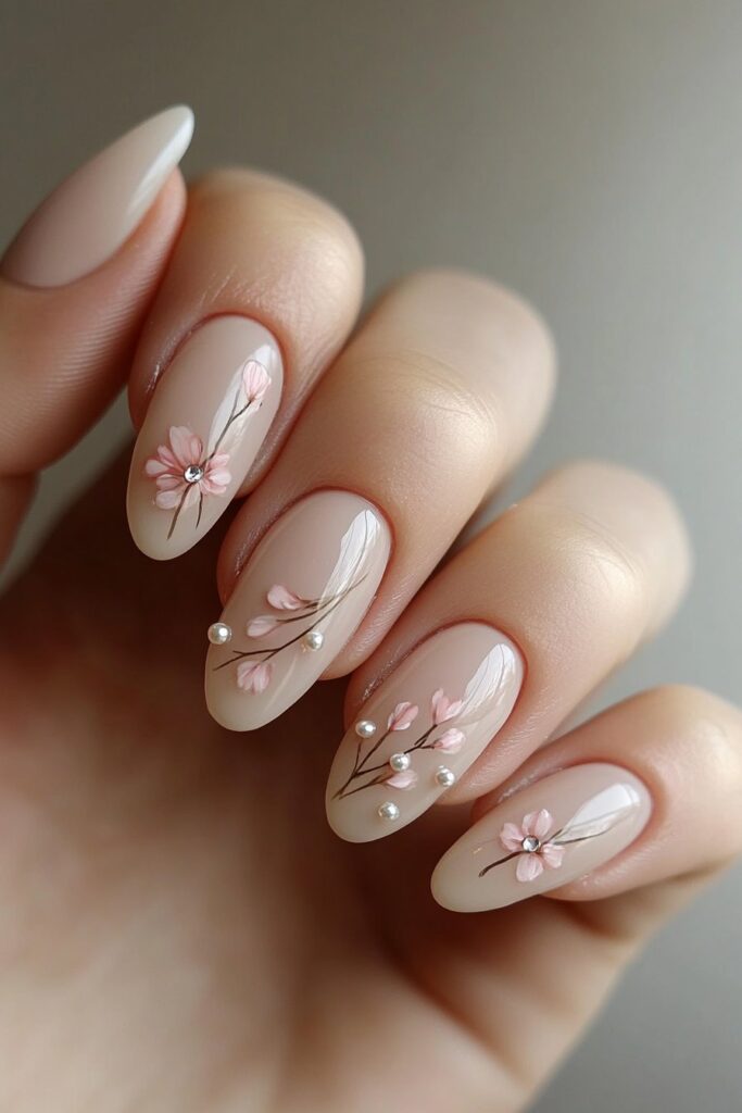 Almond-shaped nails painted in a soft pastel base with delicate floral designs and small pearl embellishments for a romantic and elegant vibe.