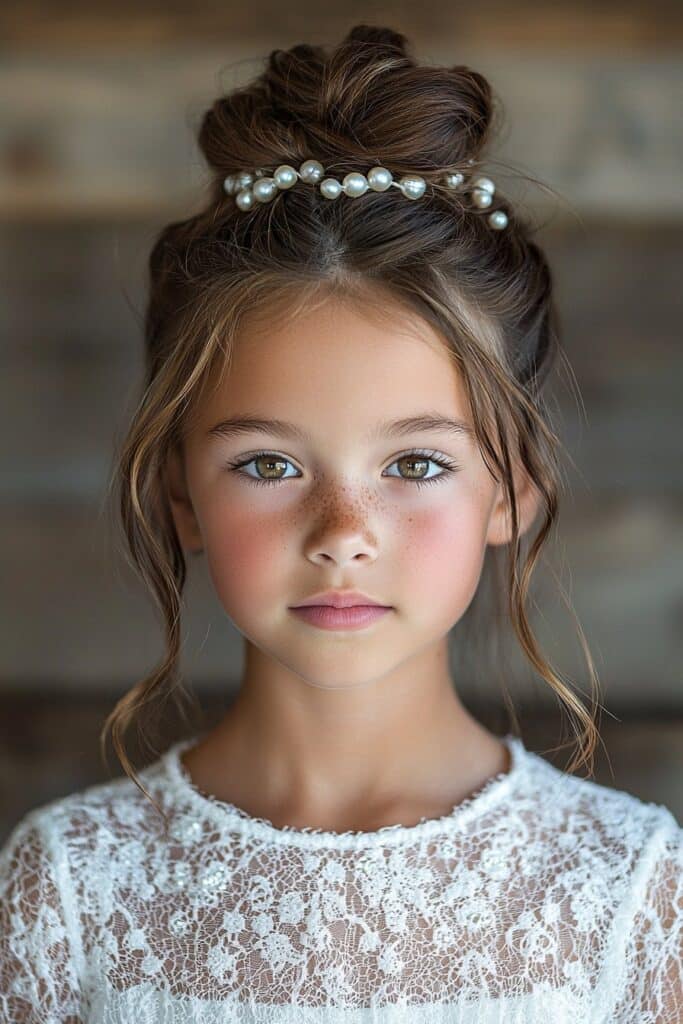 A photorealistic image of a young girl with a Pearl-Adorned Updo. The soft twists and elegant pearls create a regal look, showcased against a professional indoor panel wall backdrop.