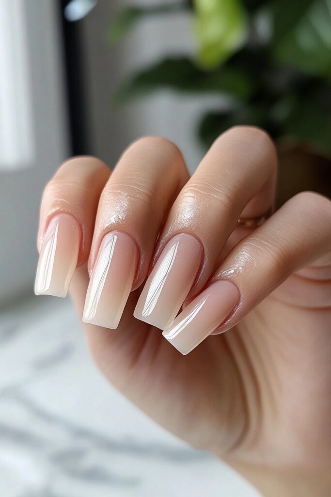 A sophisticated summer nail design showcasing a pearl effect on acrylic nails, delivering a soft, iridescent glow for a luxurious appeal.