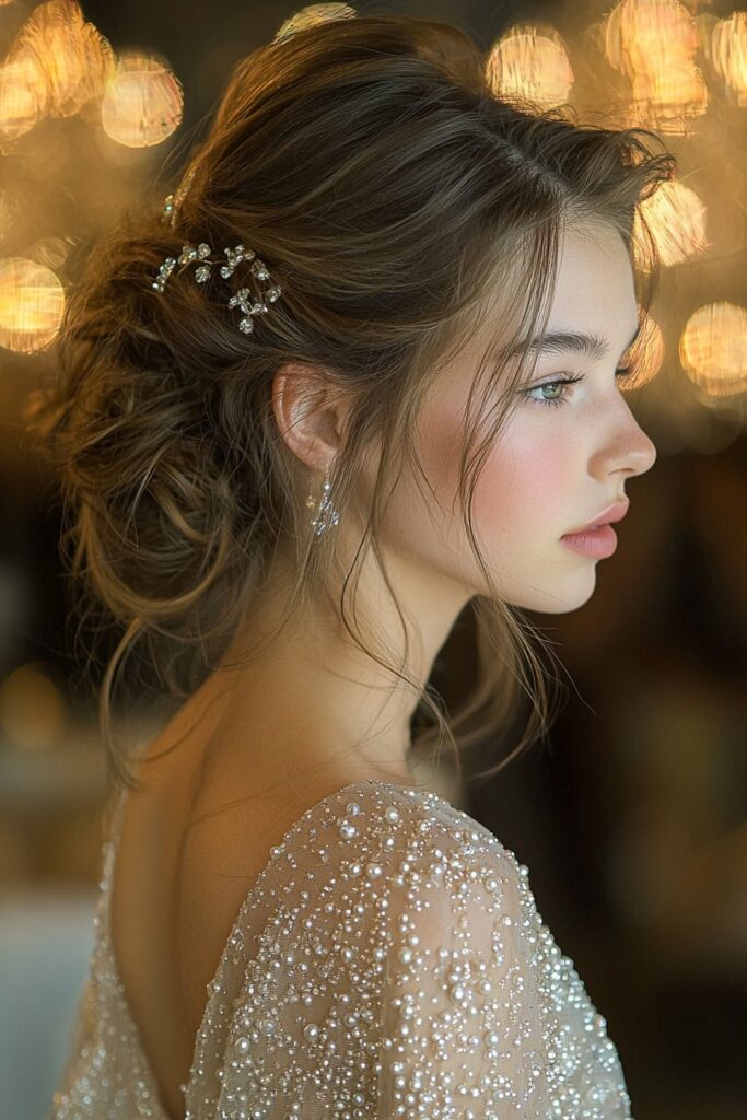 A young woman with a pearl-studded updo for prom. The hairstyle includes delicate pearls placed within the updo, adding a luxurious and elegant touch. She is at an upscale gala event with sparkling chandeliers.