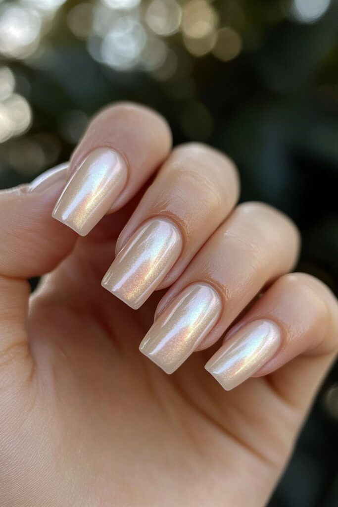 Luminous almond-shaped nails with a pearlescent finish, reflecting subtle hints of pink, blue, and gold for an ethereal touch