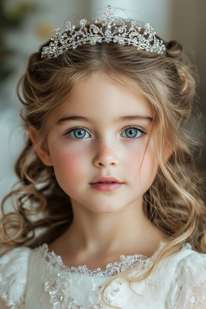 A vivid, lifelike photo of a young girl with soft, voluminous curls gathered at the crown and a delicate silver tiara. The hairstyle exudes a dreamy, fairytale-inspired look, with a lush outdoor garden setting in the background.