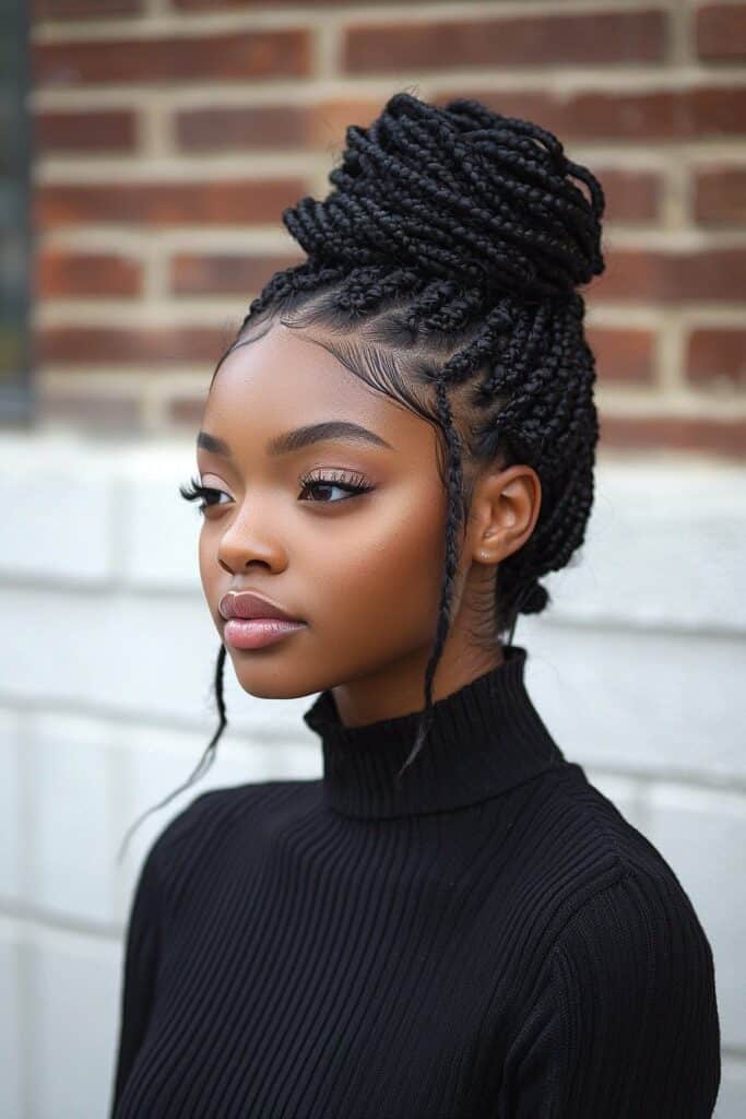 A young Black woman with a Protective Braided Crown updo against a white brick wall. Her hairstyle showcases large protective braids wrapped around her head like a crown, ideal for prom.