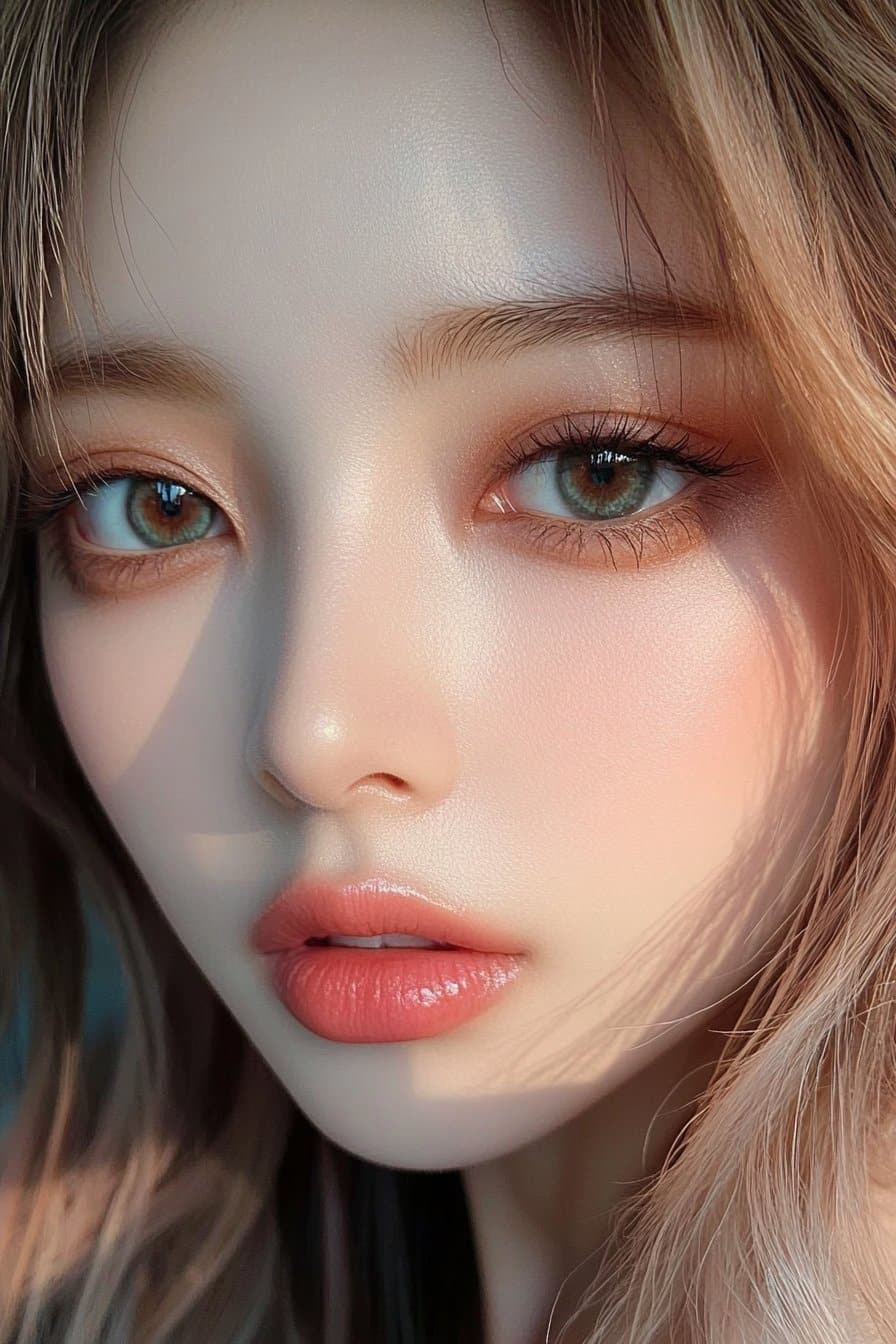 A close-up of a woman's eye with a soft, downward-drawn eyeliner at the outer corners, creating a gentle and innocent gaze.