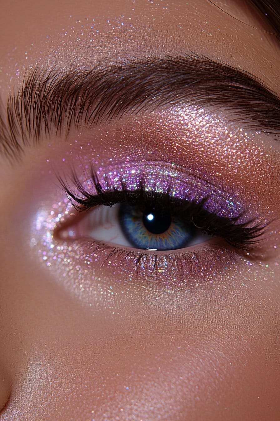 A close-up of a woman's eye showcasing a vibrant rainbow glitter cut crease. The colors transition smoothly across the lid, with a precise glitter line defining the crease. The lashes are bold and voluminous.