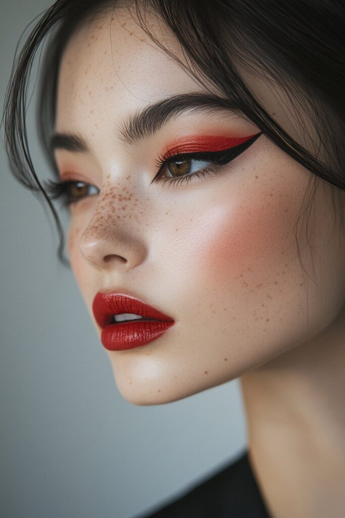 A full face makeup look featuring a red cat eye evolution with a bold red winged liner and a smoky, blended edge.