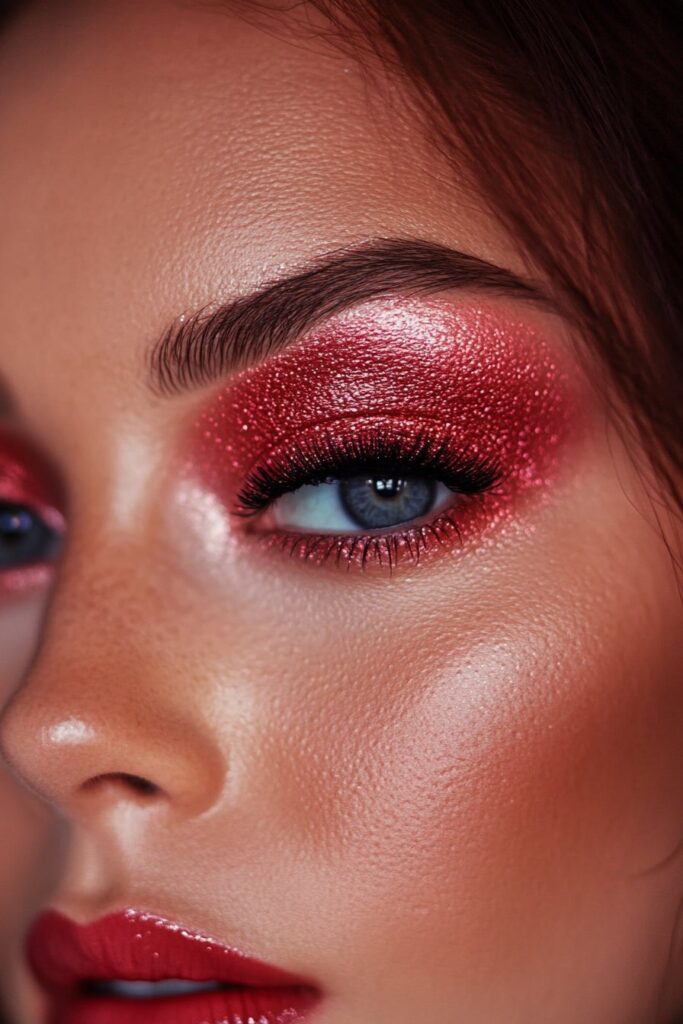 A full face makeup look with a futuristic red chrome effect eye, delivering a vibrant, mirror-like shine.