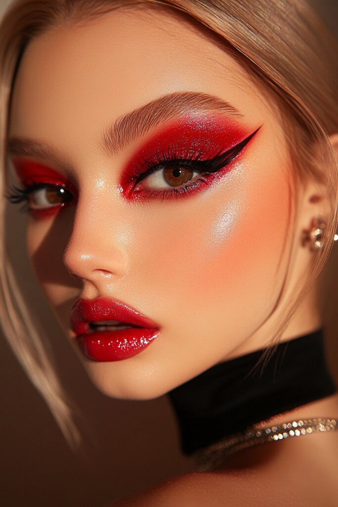 A full face makeup look showcasing red editorial eye makeup with bold, creative strokes and abstract high-fashion aesthetics