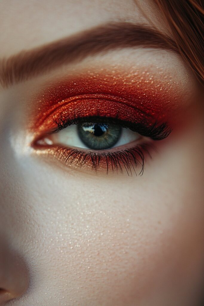 A full face makeup look showcasing a red glam spotlight eye, with vibrant red concentrated in the center for a glowing effect.