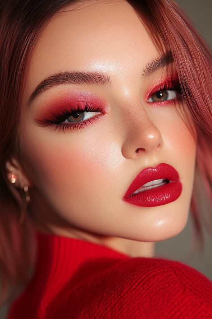 A full face makeup look featuring red monochromatic magic with coordinated red tones on the eyes, blush, and lips for a bold statement